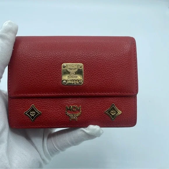 MCM Red Pebbled Leather Tri-Fold Wallet w/ Gold Hardware & Logo Charm